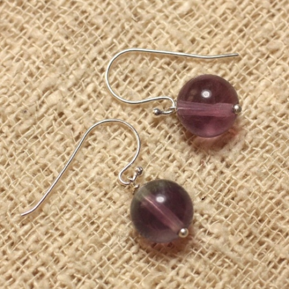 925 Silver and Stone Earrings - Violet Fluorite 10mm